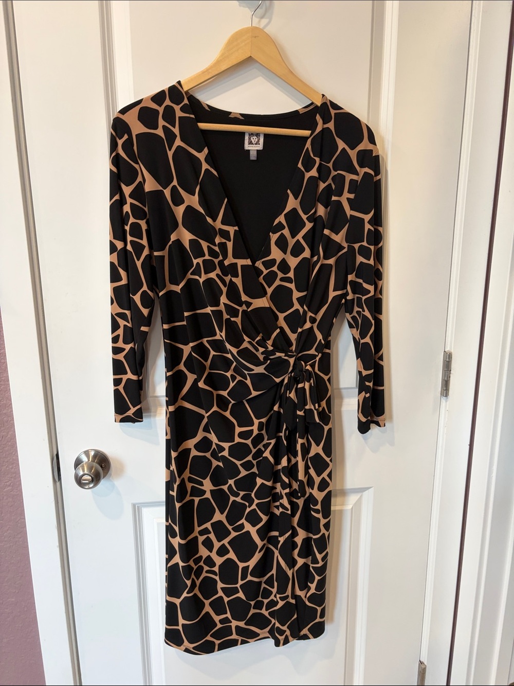 Anne Klein Black and Tan Giraffe-Print Wrap Dress
